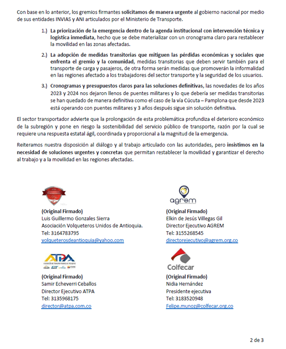 agrem_a's tweet photo. La caída recurrente de puentes en distintas regiones del país evidencia una vulnerabilidad estructural en infraestructura crítica que requiere atención prioritaria.

Desde el sector transportador hacemos un llamado respetuoso a

@InviasOficial
@ANI_Colombia
@MinTransporteCo 

para fortalecer un frente técnico y articulado que permita:

✔️ Cronogramas claros de solución definitiva
 ✔️Gestión preventiva del riesgo estructural
 ✔️Medidas transitorias que protejan la formalidad y el empleo

La movilidad es estabilidad económica. Actuar con anticipación es proteger al país.