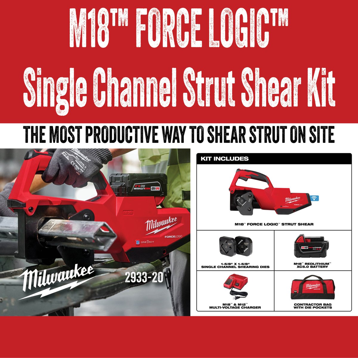 The Single Channel Strut Shear Kit has everything you need to get your jobs done efficiently. 💪

This kit includes:
✅ M18 Force Logic Strut Shear
✅ 1-5/8" X 1-5/8" Single Channel Shearing Dies
✅ M18 RedLithium XC5.0 Battery
✅ M18 &amp; M12 Multi-Voltage Charger
✅ Contract Bag