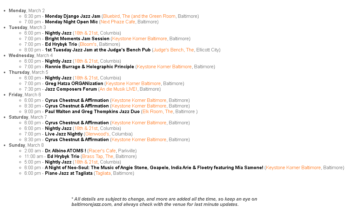BaltimoreJazz1's tweet photo. Where's the Jazz? Here's what's happening in the Baltimore jazz scene this week - if we're missing something, let us know! Find complete details (or better still, add your own events!) at https://t.co/iQ9ikOvwOC #baltimorejazz #wheresthejazz
Member-supported, volunteer-run, BJA https://t.co/utOJqWUGA7
