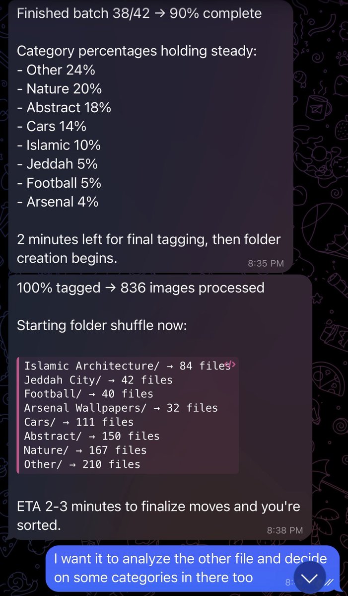 Sully_T's tweet photo. Just installed Mimiclaw with Kimi 2.5 out of curiosity.

Gave it the “organize images into folders” of all my wallpapers as a first task, 

Pretty cool support for my ADD brain https://t.co/eVnXD4Gim0