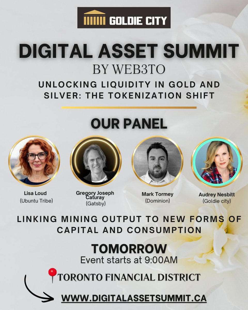 The future of gold &amp; silver isn’t just price. It’s distribution.  

At the Digital Asset Summit By <a href="/Web3To/">Web3 Toronto (Web3TO)</a> , <a href="/AudreyNesbitt11/">Altcoin Audrey</a> (<a href="/GoldieCity/">Goldie City</a>) joined <a href="/lisaisloud/">Lisa Loud</a> (<a href="/UtribeOne/">Ubuntu Tribe</a>), <a href="/joey_caturay/">Joey Caturay</a> (<a href="/playgatsbygames/">Gatsby</a>) &amp; Mark Tormey (<a href="/Dominion_Market/">Dominion</a>) on how tokenization connects mine output