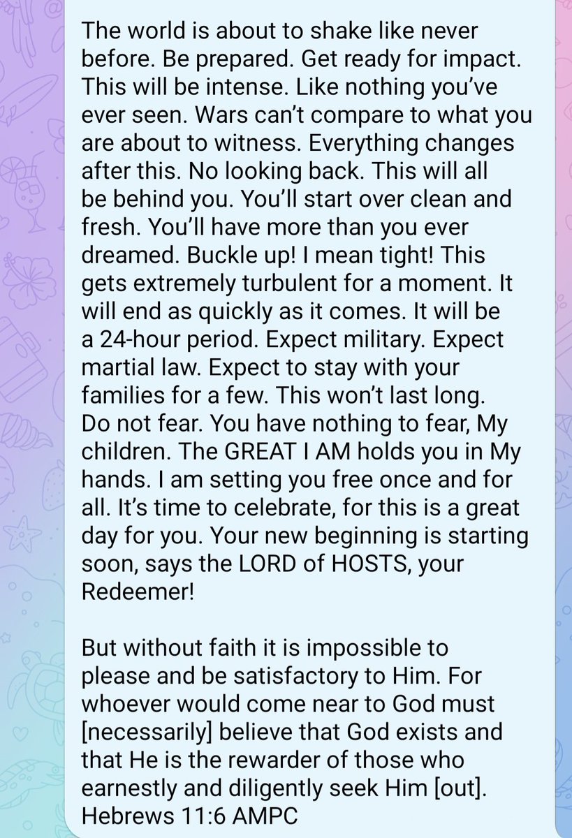 THE LORD'S GLORY WITH LORI 
3-2-26
THE TIME IS UP
Show is Over 🎬
Tribunals &amp; Arrests
✨️💐💞Heaven on Earth - My SON Told You to Pray That
Feb of Fury - Out With a Bang! 💥
🌷March You'll Never Forget🌄🌷
World - Shake Like Never Before
Military 
Martial Law 
Stay w/Family