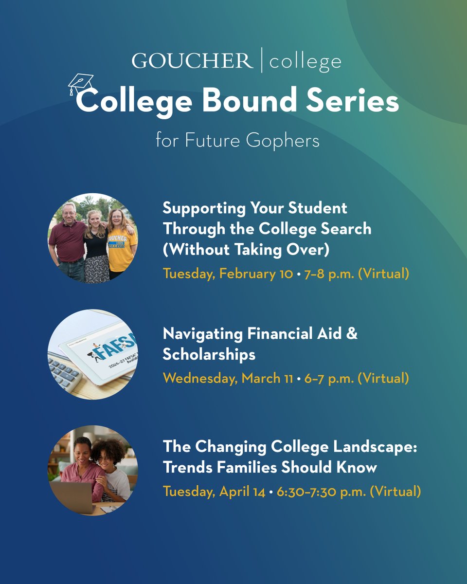 gouchercollege's tweet image. Goucher College is continuing their #CollegeBound series with “Navigating Financial Aid &amp;amp; Scholarships” on March 11. This session will provide an overview of recent FAFSA updates, merit aid considerations, and strategies for comparing financial aid offers.
