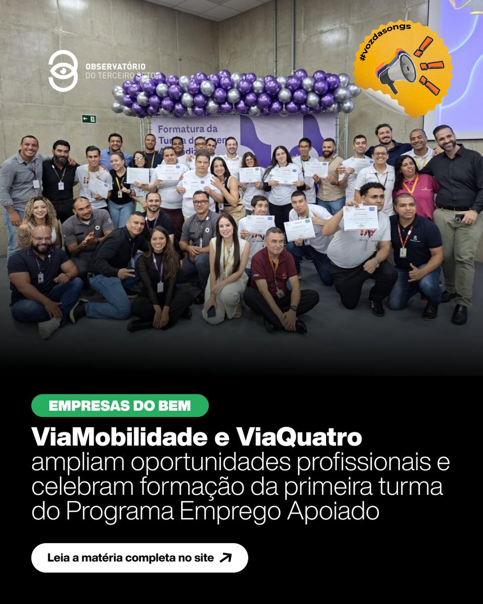 📷Momento Voz das ONGs!
ViaMobilidade e ViaQuatro celebram a 1ª turma do Programa Emprego Apoiado, em parceria com o Instituto Jô Clemente. Foram 15 jovens capacitados e 5 já efetivados antes do fim do contrato.

📷Acesse o site do Observatório para saber mais!