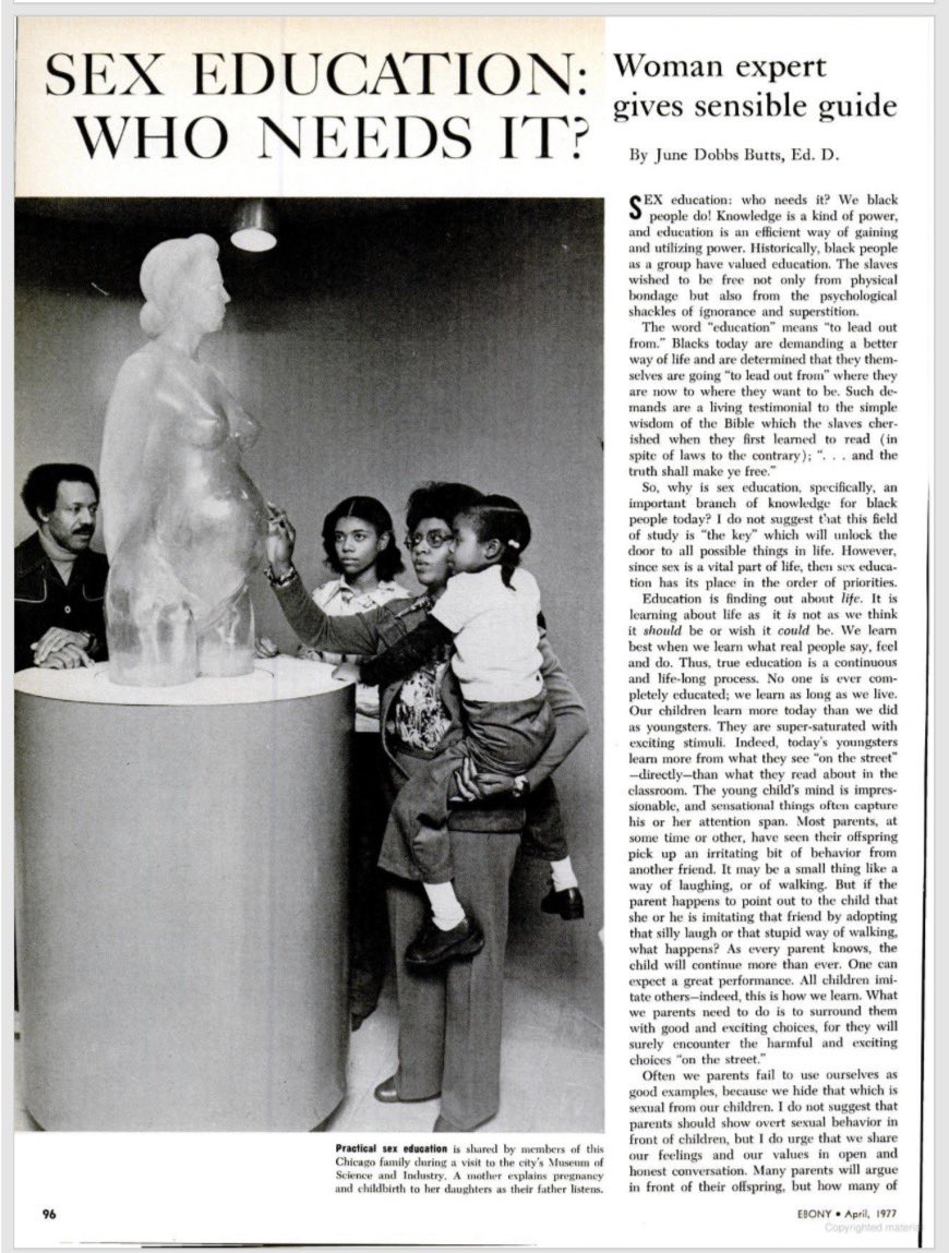 JelonAlexander's tweet photo. With this talk about sex education, here’s an article written by Black sexologist, the late Dr. June Dobbs Butts entitled, “Sex Education: Who Needs It?” from Ebony Magazine’s April 1977. https://t.co/rf0GkT67vx
