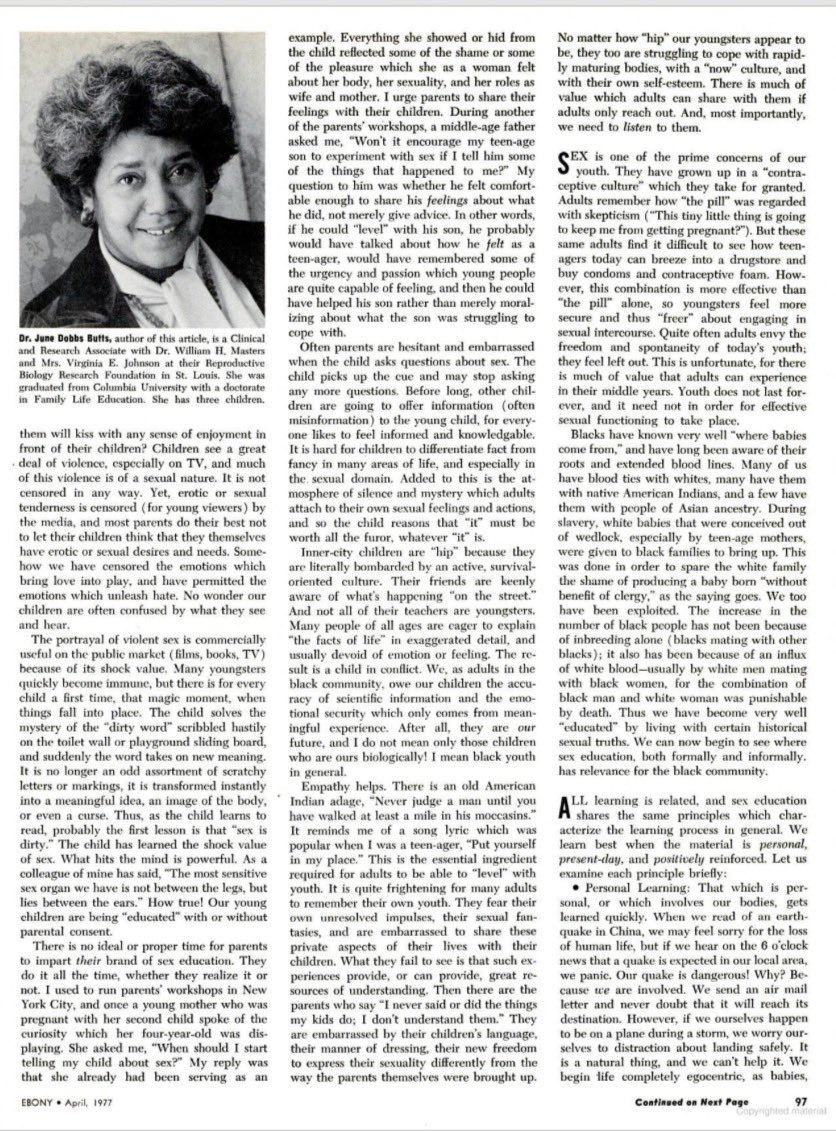 JelonAlexander's tweet photo. With this talk about sex education, here’s an article written by Black sexologist, the late Dr. June Dobbs Butts entitled, “Sex Education: Who Needs It?” from Ebony Magazine’s April 1977. https://t.co/rf0GkT67vx