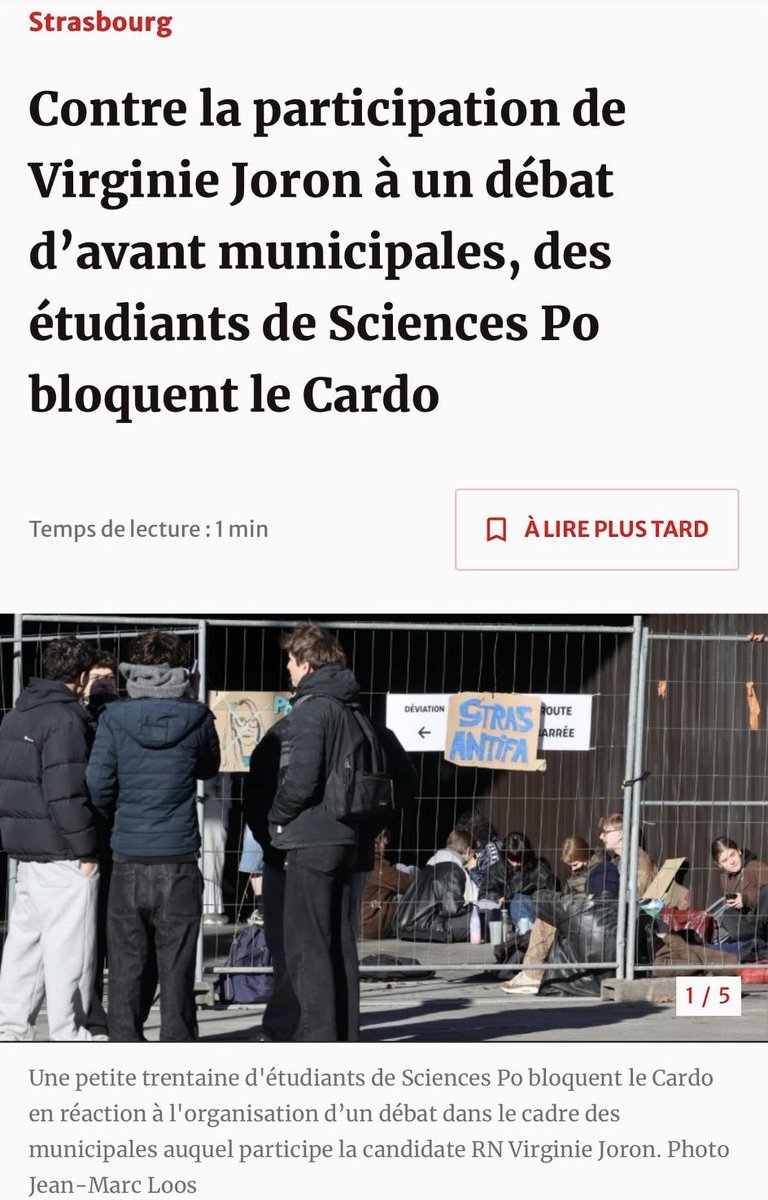 LBleuBlancRouge's tweet photo. 🚨 À Strasbourg, une petite trentaine d’étudiants d’extrême-gauche de Sciences Po ont bloqué ce lundi matin le Cardo en réaction à l’organisation d’un débat dans le cadre des municipales auquel devait participer la candidate RN Virginie Joron.

Menacée, la candidate RN a été obligé d’annuler sa participation. 

Jusqu’à quand ces petits fachos d’extrême-gauche vont-ils installer leur climat de violence et de haine et faire leur petite loi ? 

Quand l’État va enfin réagir pour laisser vivre la démocratie ?