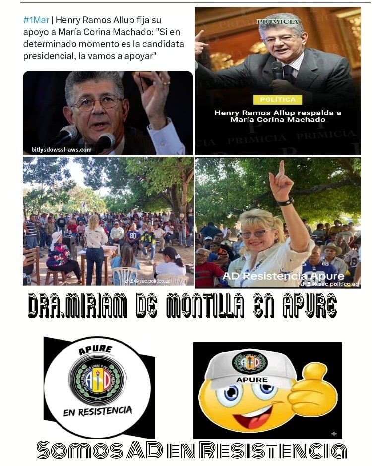 #02MAR2026| "Si en determinado momento la candidata tiene que ser María Corina, es María Corina, y la vamos a apoyar los ADecos.
Haremos una campaña generosa y entregada para que sea la Presidente."
Henry Ramos Allup
Secretario General Nacional de <a href="/ADemocratica/">Acción Democrática</a> En Resistencia.