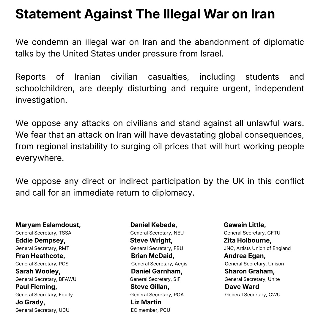 benstudd's tweet photo. Powerful statement from 17 Trade Union General Secretaries opposing Trump's illegal war on Iran. https://t.co/l0K4nQW5OP