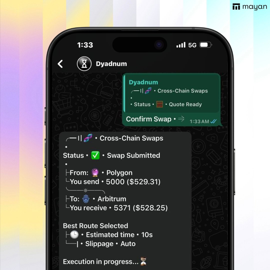 mayan's tweet photo. Swapping across chains is now as easy as sending a message.

@Dyadnum brings cross-chain trading natively into WhatsApp, powered by Mayan and @wormhole.

Try it here: https://t.co/ebKryYB97z https://t.co/vnlpStBjfu
