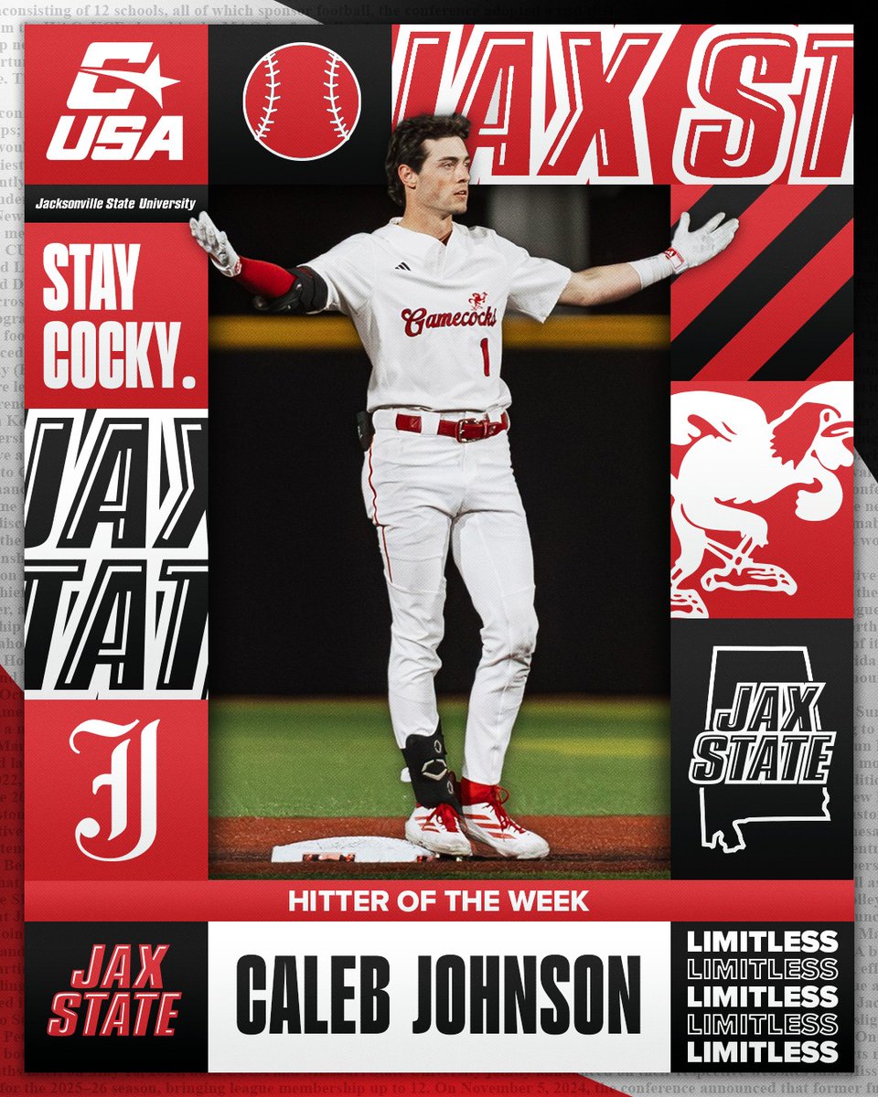 ConferenceUSA's tweet photo. ⚾️ HITTER OF THE WEEK ⚾️

🏅1⃣ Caleb Johnson, @JaxStateBB 

#NoLimitsOnUs | https://t.co/zuxq0Wew6N