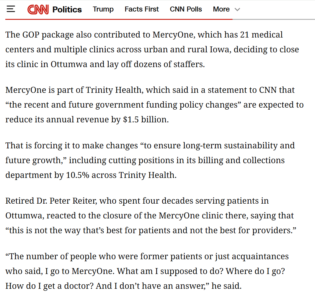 _ktmsmith's tweet photo. From CNN: MercyOne Ottumwa closed down after @NunnForCongress' vote to gut Medicaid

MercyOne points to “the recent &amp; future government funding policy changes” expected to reduce annual revenue by $1.5 billion

&amp; Ottumwa Dr. &amp; impacted patient share concerns about the closure ↓ https://t.co/UqNvIK8yzI