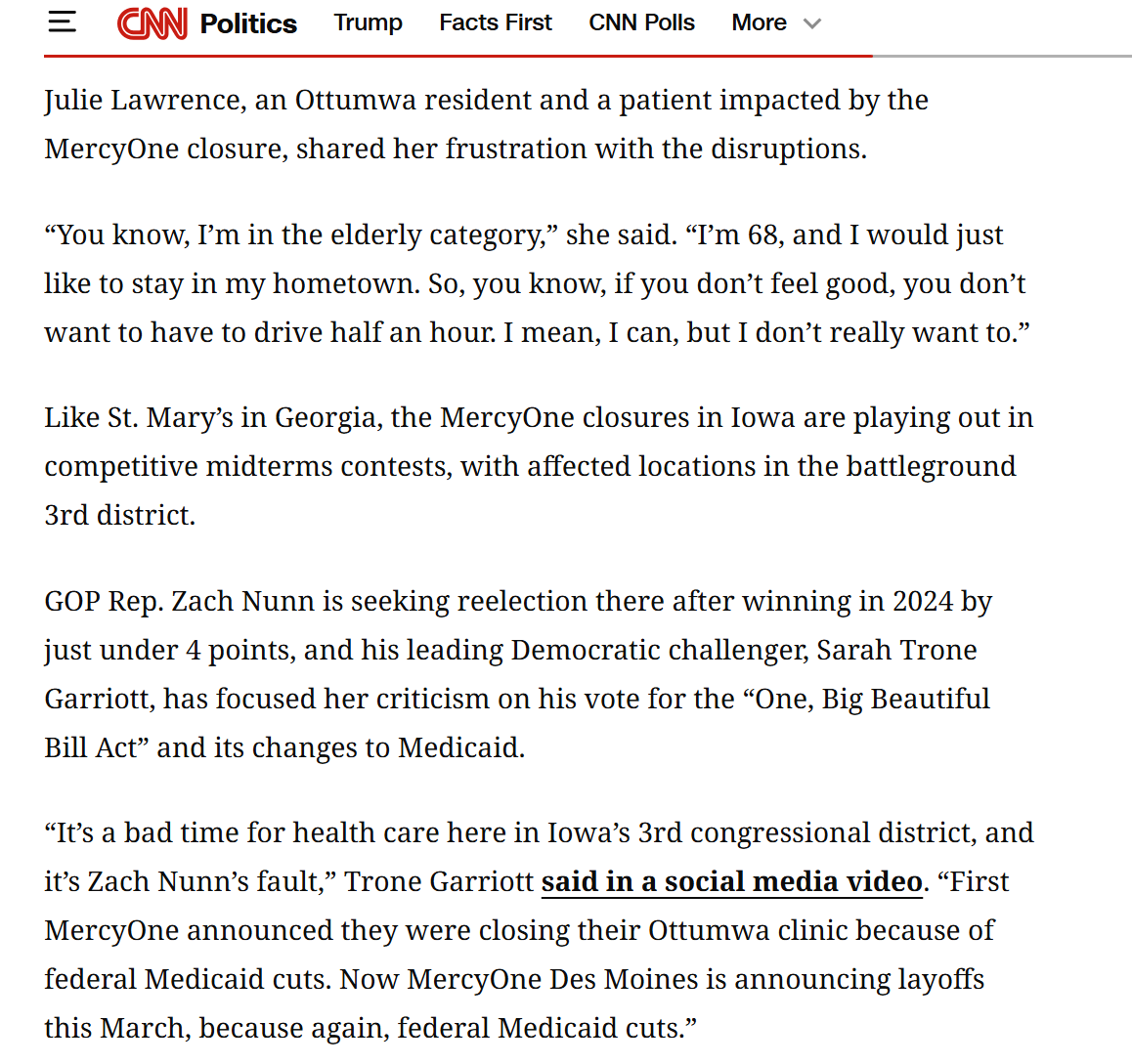 _ktmsmith's tweet photo. From CNN: MercyOne Ottumwa closed down after @NunnForCongress' vote to gut Medicaid

MercyOne points to “the recent &amp; future government funding policy changes” expected to reduce annual revenue by $1.5 billion

&amp; Ottumwa Dr. &amp; impacted patient share concerns about the closure ↓ https://t.co/UqNvIK8yzI