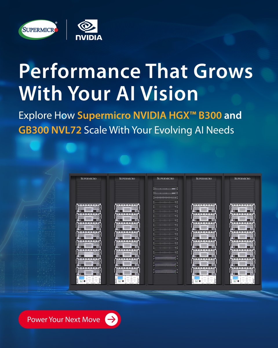 Supermicro's tweet photo. Explore the next generation of AI infrastructure. 

Supermicro’s B300 and GB300 systems deliver unmatched throughput with NVIDIA Blackwell GPUs. Train bigger models, run faster inference, and reduce total cost.