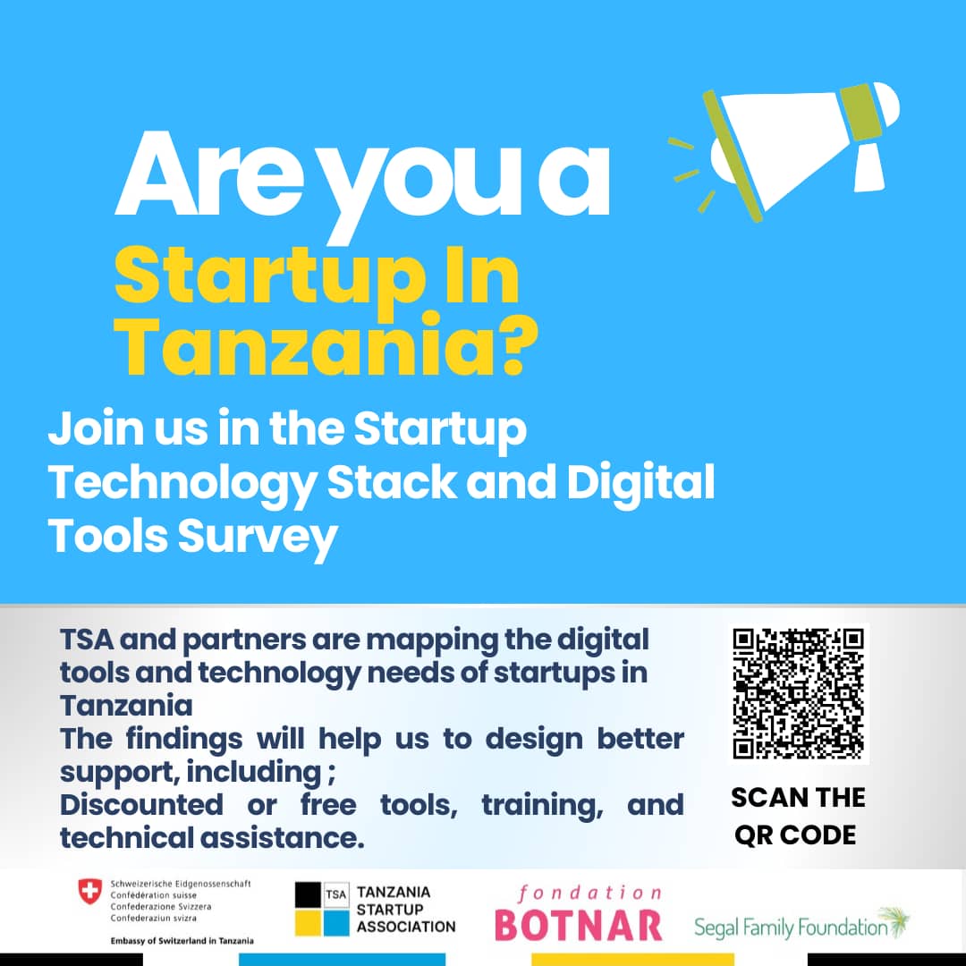 TanzaniaSA's tweet photo. Startups rely on digital tools to build, grow, and operate every day. Yet, we don’t always have a clear picture of which tools are most used or most needed across our ecosystem.

That’s why the Tanzania Startup Association (TSA), together with our partners, is conducting the Startup Technology Stack and Digital Tools Survey, a first-of-its-kind effort to map the platforms, software, and technical services powering startups and growth businesses across Tanzania.
Your input is critical. The results will directly shape the support founders receive, from discounted or free access to essential tools, to targeted training, technical assistance, and stronger partnerships that deliver real value to your company.

All responses will be analyzed in aggregate, and we will not publish your company’s details without your consent.
If you are a Founder, CEO, CTO, Head of Engineering, Operations or Finance lead, or anyone managing technology and digital tools in your company, we strongly encourage you to take part.

👉 Please scan the QR code on the poster or complete the survey via the link below:
https://t.co/eq79gHKcmT
This is your chance to influence the kind of support the ecosystem builds next. Don’t miss the opportunity to make sure your startup’s needs are heard
#DigitalToolsSurvey #EmpoweringFounders #TanzaniaStartups #TechForGrowth #StartupSupport