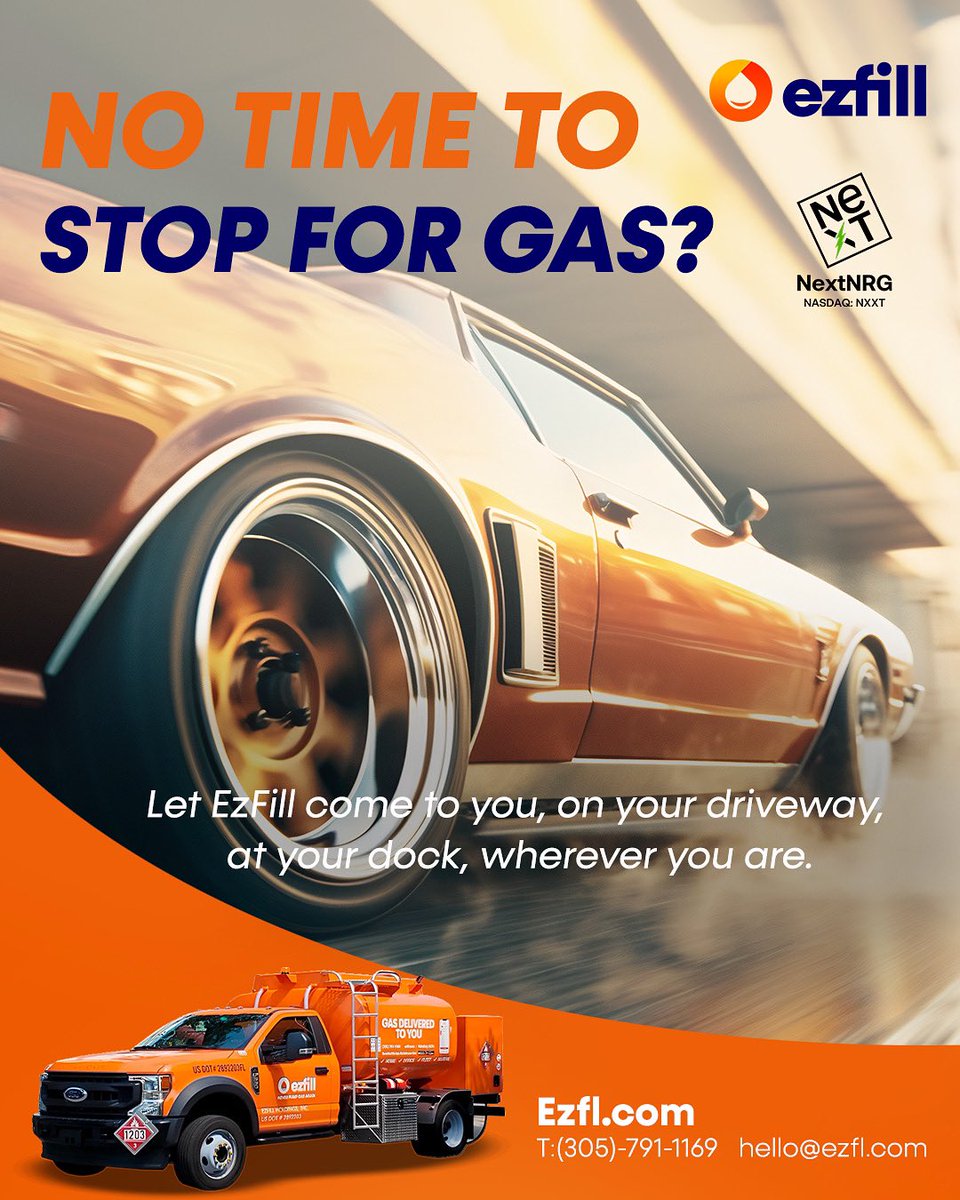 ezfillgas's tweet photo. NO TIME FOR GAS? ⏰
🚚💨 EzFill comes to YOU 🏠 Driveway ⚓ Dock 📍 Anywhere
More time. Zero hassle. Full tank. ✅
👉 Download EzFill 📈 NASDAQ: $NXXT
#EzFill #FuelDelivered #OnDemandFuel #GasDelivery #SmartLiving 🚀 https://t.co/nmnrJDfe78
