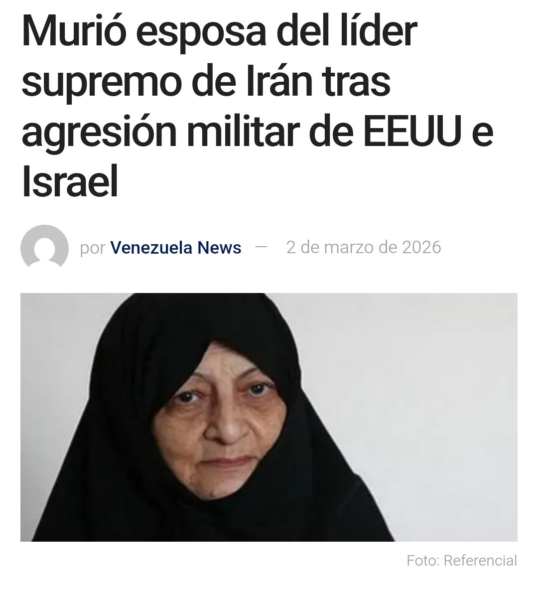 angel40924's tweet photo. La esposa del líder supremo de Irán, el ayatolá Alí Jameneí, falleció días después de haber resultado herida durante las operaciones militares lanzadas por Estados Unidos e Israel contra el país persa, según informó el canal iraní Al Alam.

De acuerdo con el medio, su estado de salud se deterioró progresivamente en los días posteriores a los bombardeos, que también causaron la muerte del propio Jameneí y de al menos otros cuatro altos mandos militares iraníes.
#Iran
