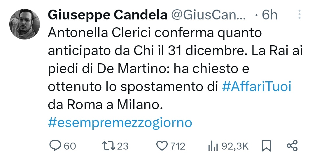 MauryKostanzo's tweet photo. Quando la Clerici chiese lo spostamento de "La prova del cuoco" a Milano, cosa avvenuta poi con È sempre mezzogiorno, invece, nessun tweet indignato. Capisco l'antipatia per De Martino, ma qua si rasenta l'ossessione. #affarituoi #sanremo2026 https://t.co/GCd3bFNZv9