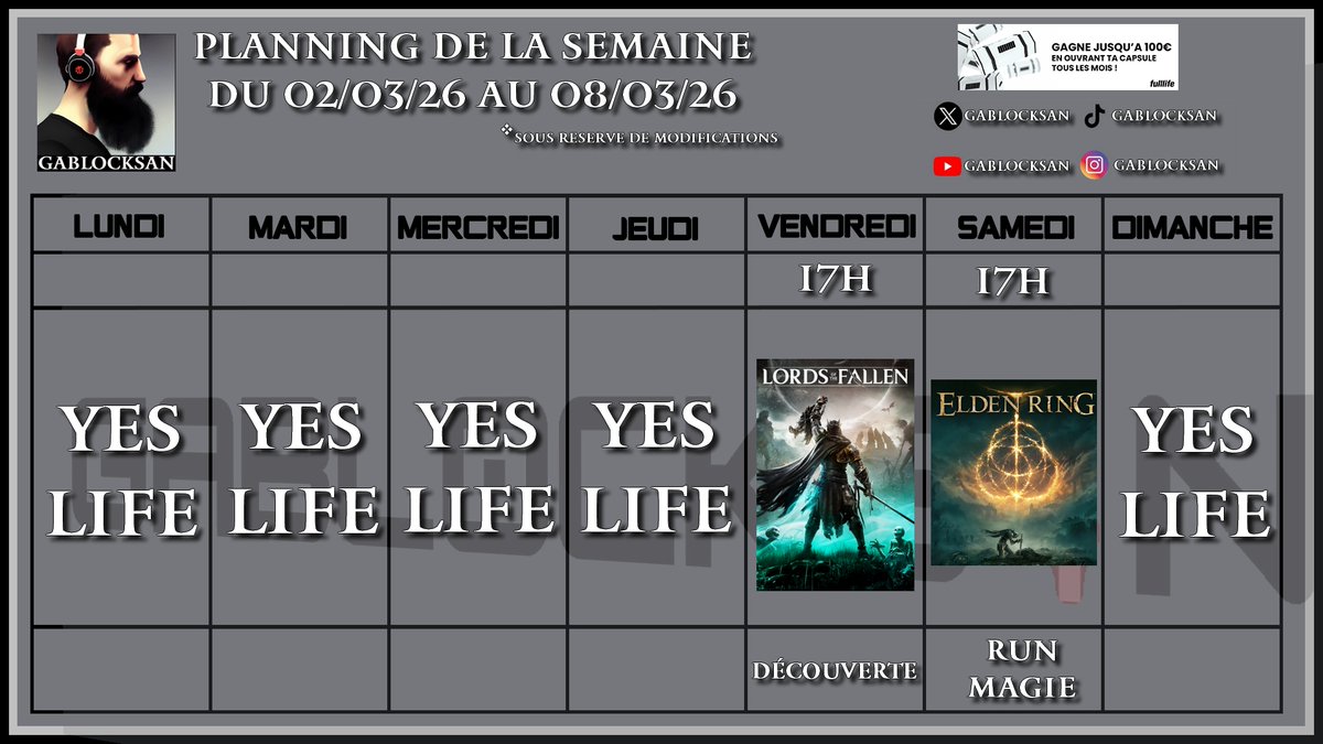 GablockSan's tweet photo. Petite semaine avant la vraie reprise ! On termine Lords of the Fallen et on lance la run magie sur Elden Ring ! #gablocksan #planning #twitch https://t.co/tqp5QQnBhL