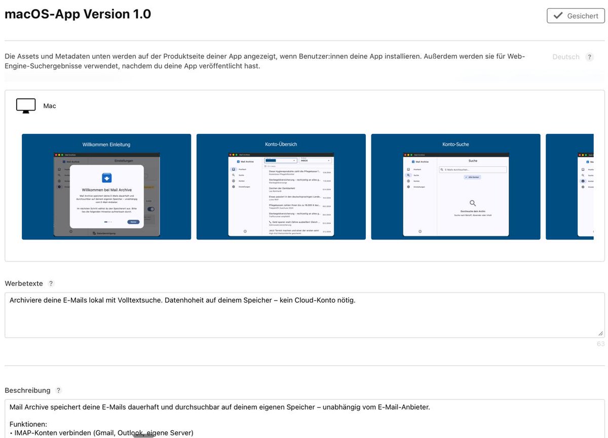 TechPirat's tweet photo. Big milestone: I just submitted version 1.0 of my first macOS app, “Mail Archive,” for Apple review ✅

A local email archive with full-text search — no cloud account required.
Now it’s fingers crossed for App Store approval 🤞

#IndieDev #IndieHacker #BuildInPublic #macOS #Apple https://t.co/gIhVOtHo39