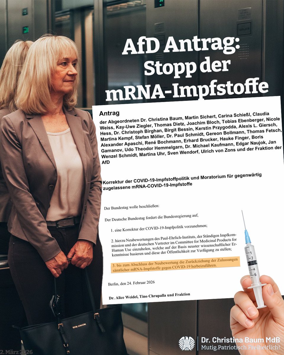 Dieser Antrag zur Korrektur der COVID-19-Impfpolitik und Einführung eines Moratoriums für alle mRNA-COVID-Impfstoffe (21/ 4283) bis zu einer unabhängigen Neubewertung wurde von mir initiiert und auf den Weg gebracht, weil ich es schon lange nicht mehr mit meinem Gewissen