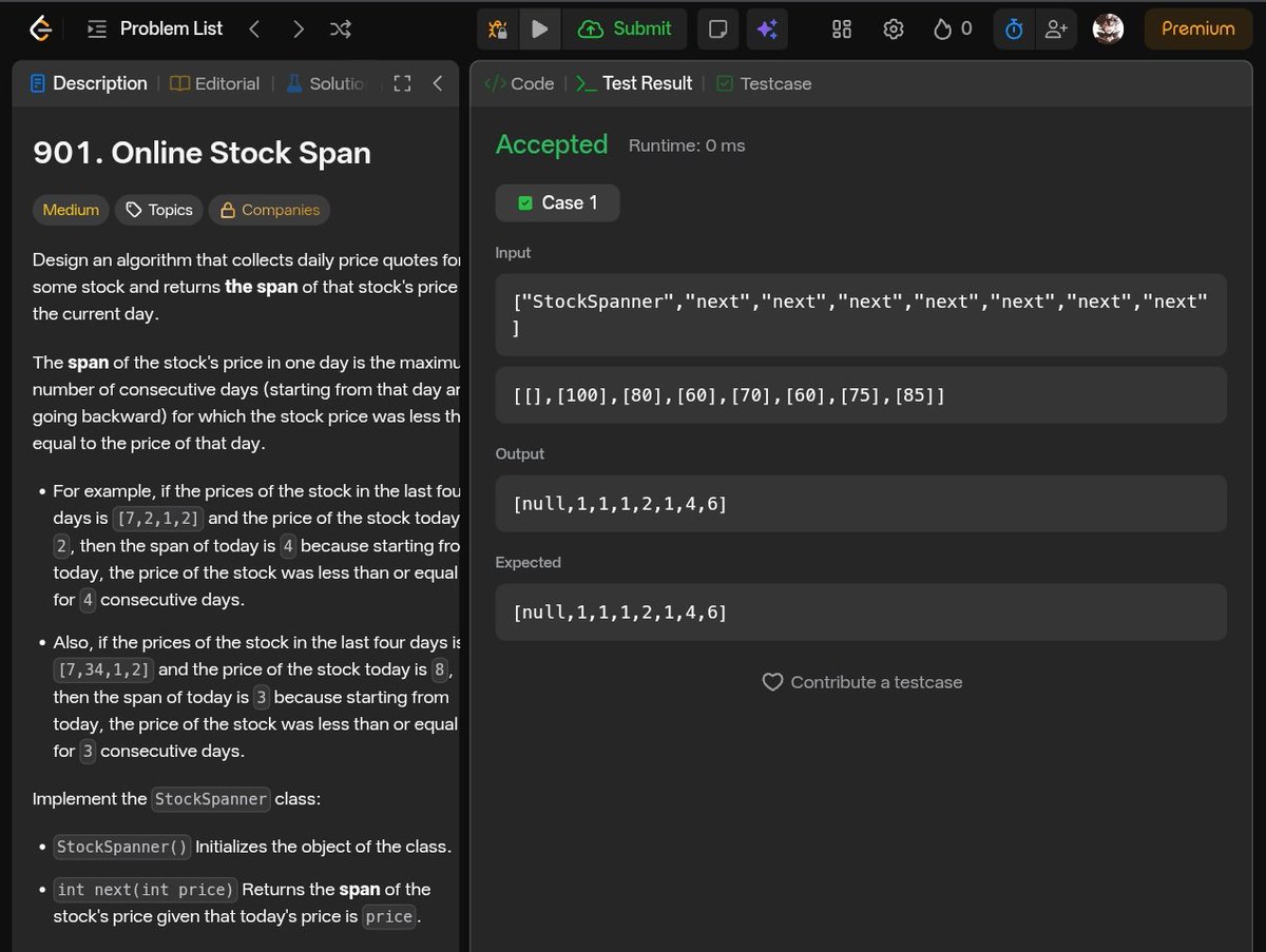 CodepathYash's tweet photo. Day 56 / 100 🚀
Solved:
• LC 901 – Online Stock Span (Medium)
Monotonic stack in action 📈
Love how span problems become simple once the pattern clicks.
Stack patterns getting stronger 💪
#100DaysOfCode #DSA #LeetCode #MonotonicStack https://t.co/FCxdeBFbO0