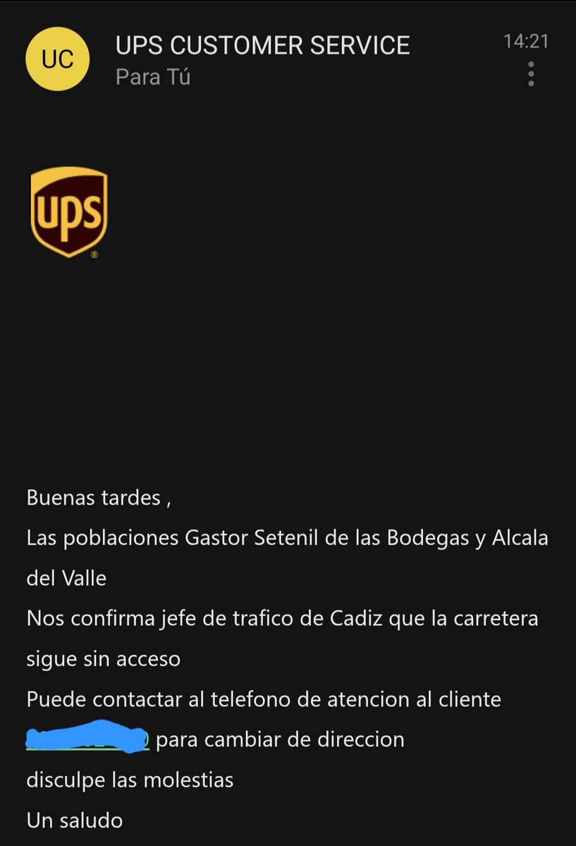 bartolocr's tweet photo. @DGTes @InformacionDGT @FACUA @consumidores ¿Es cierto lo que comenta @UPS_ES o suena a excusa para no hacer las entregas y que el cliente se canse y tenga que ir a por la mercancía? https://t.co/JkltWjdeIL