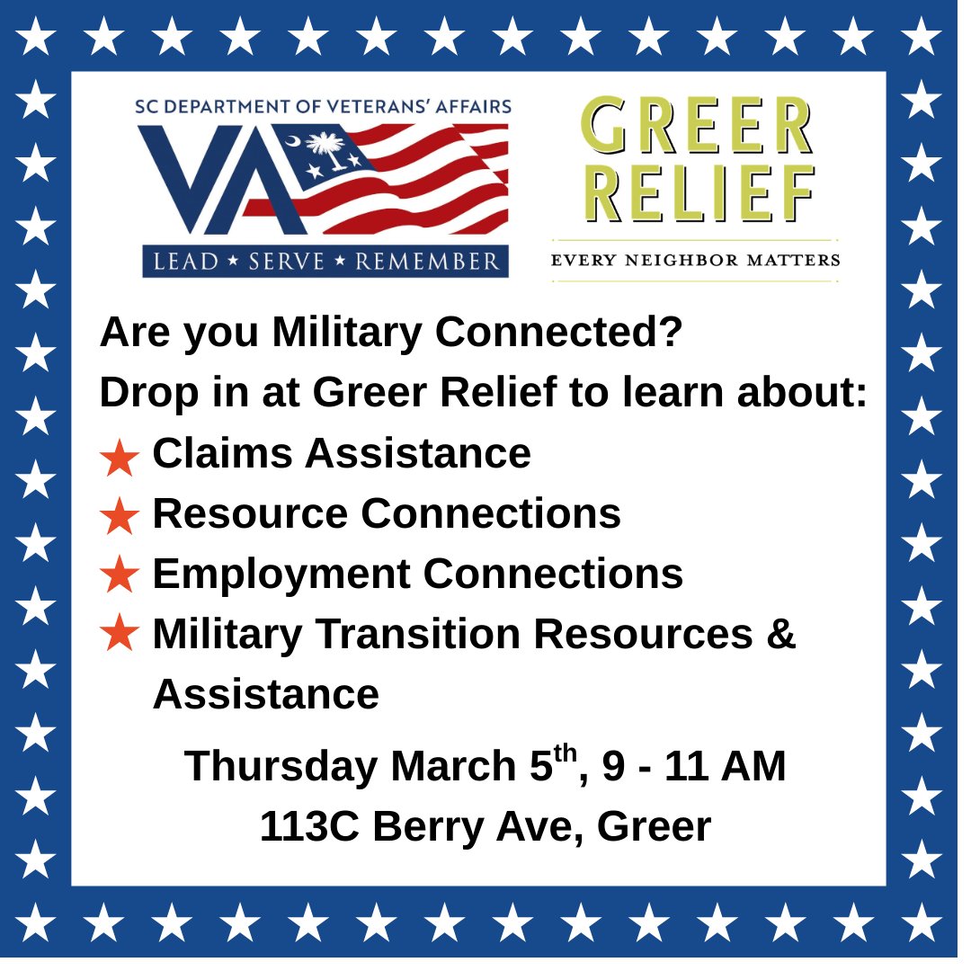 Veterans &amp; military-connected neighbors—need help with benefits or resources?

Join us Thurs, March 5 | 9–11 AM at Greer Relief, 113C Berry Ave.

A rep from the SC Dept. of Veterans’ Affairs will assist with claims, resources, employment, transition support.