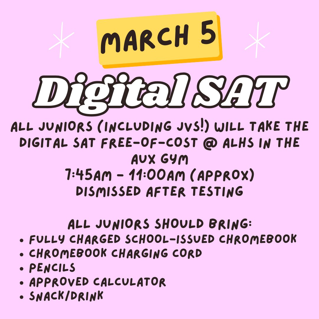 ALHSGuidance's tweet photo. Three quick reminders!
March 5th AM: SAT for all juniors
March 5th PM: Junior Jump-Start for all juniors and parents
March 9 &amp; 10: ZAPS ACT Test Prep! See attachments for more details! https://t.co/7iPVLshLHV