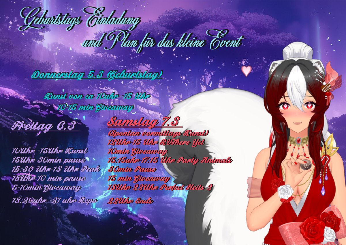 Hallo ihr lieben #GERVtuber 

Am Donnerstag ist es soweit mein kleines Event startet und wird 3 tage gehen ^^ 
Wir haben tolle  Gäste zu jedem der tage ^^  
Vorher wird es auch noch einige streams geben also schaut gern vorbei ^^