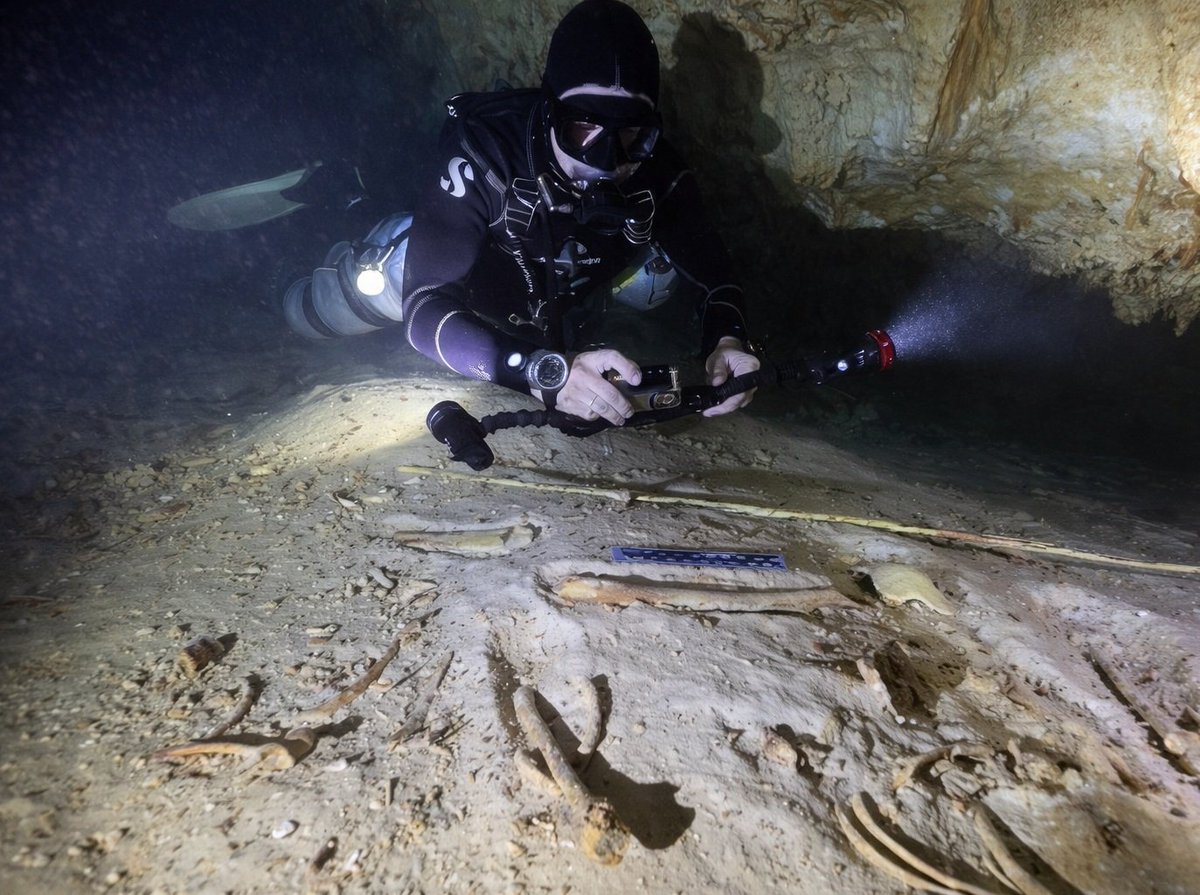 8,000-year-old burial site discovered! Prehistoric skeleton found deep in a flooded Mexican cave (once dry during Ice Age). Deliberate placement hints at ancient rituals. 11th Yucatán find unlocking ancient migrations + megafauna secrets. #Archaeology heritagedaily.com/2026/03/submer…