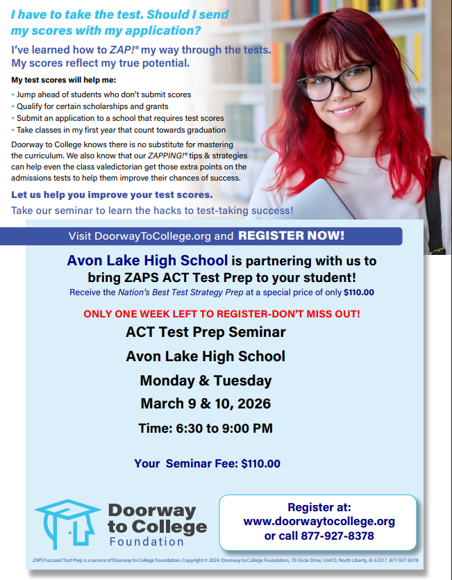 ALHSGuidance's tweet photo. Three quick reminders!
March 5th AM: SAT for all juniors
March 5th PM: Junior Jump-Start for all juniors and parents
March 9 &amp; 10: ZAPS ACT Test Prep! See attachments for more details! https://t.co/7iPVLshLHV