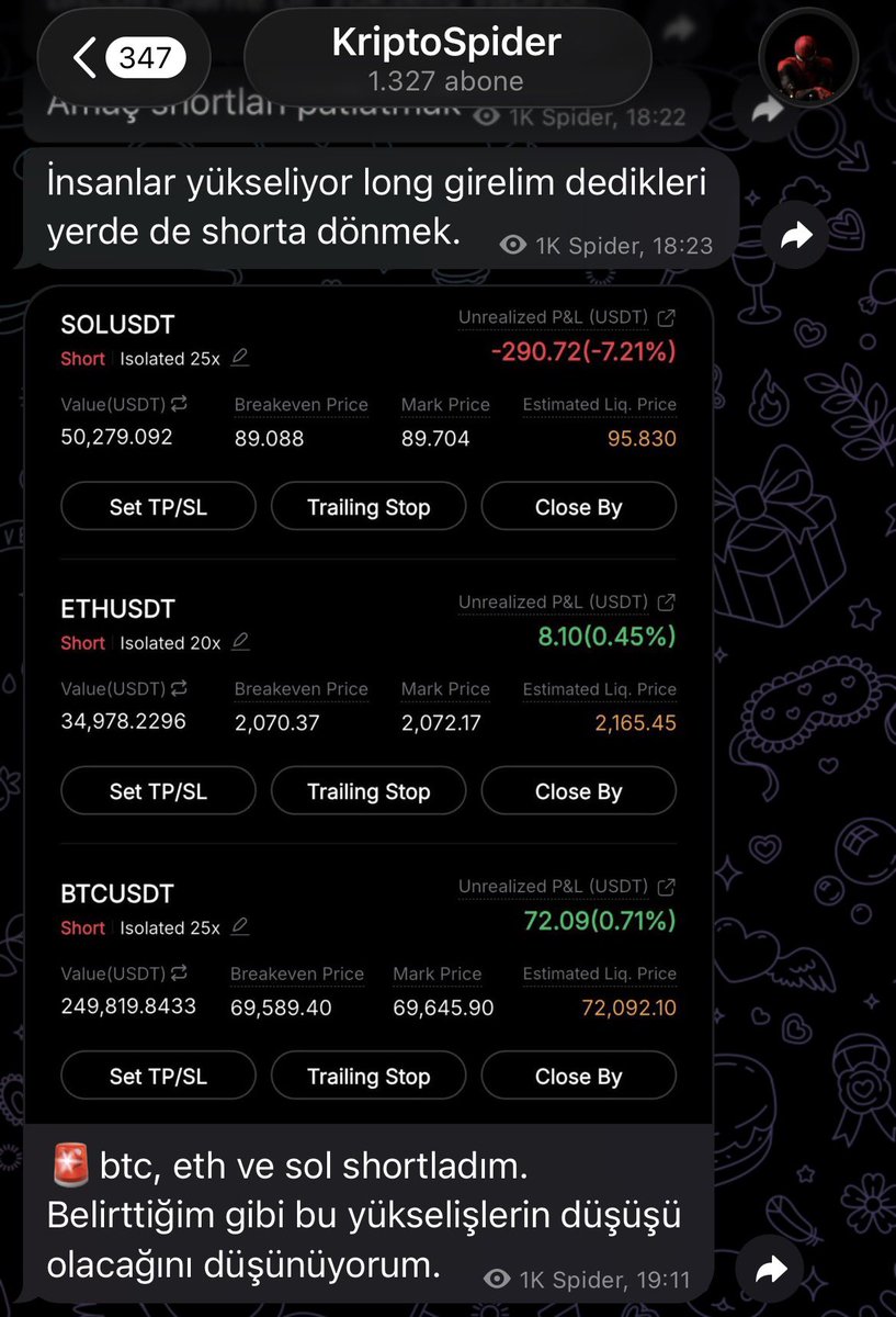 KriptoSpiderr's tweet photo. #bitcoin #eth #sol

Yükselme başladığı an gruba mesajı yazdım ve herşey tam da düşündüğüm gibi oldu.

Fenomenlerin demo hesaplarla açtığı longlar bile liq oluyor. Daha demo hesabı bile kâr ettiremiyorlar.

İşlemleri ücretsiz telegram kanalımda paylaşıyorum. Link aşşağıda.

https://t.co/AhVOlDR99S