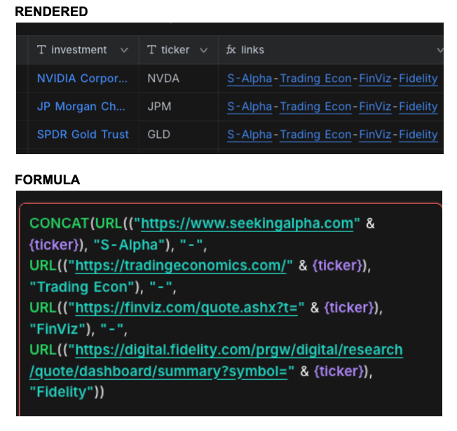 reesskennedy's tweet photo. Personal financial research db update: Refined in @nocodb to consolidate all external links to one field instead of one for each site. Better this way. Basic pattern can be extended to create custom ul outcomes while still in standard UI/not writing custom code.📈 @SeekingAlpha https://t.co/n9uDSBg101