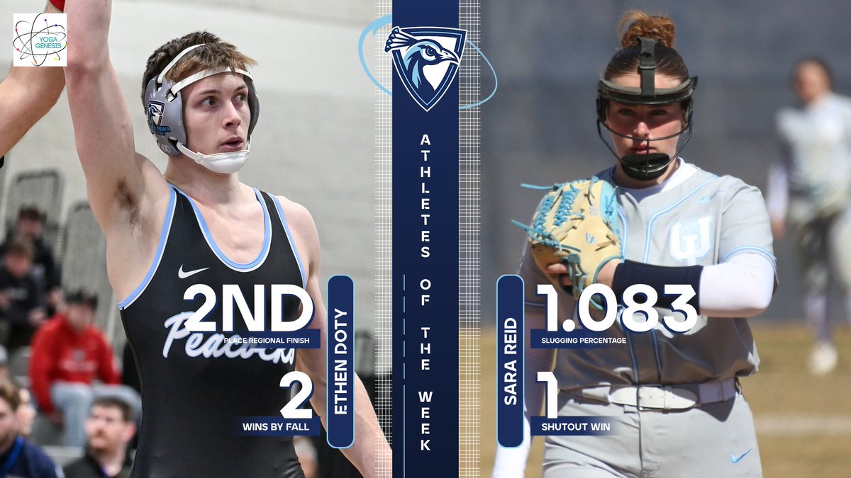 UIUPeacocks's tweet image. 🥎: Ethen Doty and Sara Reid are the Yoga Genesis Athletes of the Week!

Ethen qualified for the National Championships with a runner-up finish at the Super Region V Tournament. Sara pitched a one-hit shutout against Newman (Kan.).

#FeathersUp | #CreateYourLegacy | #GLVCsb