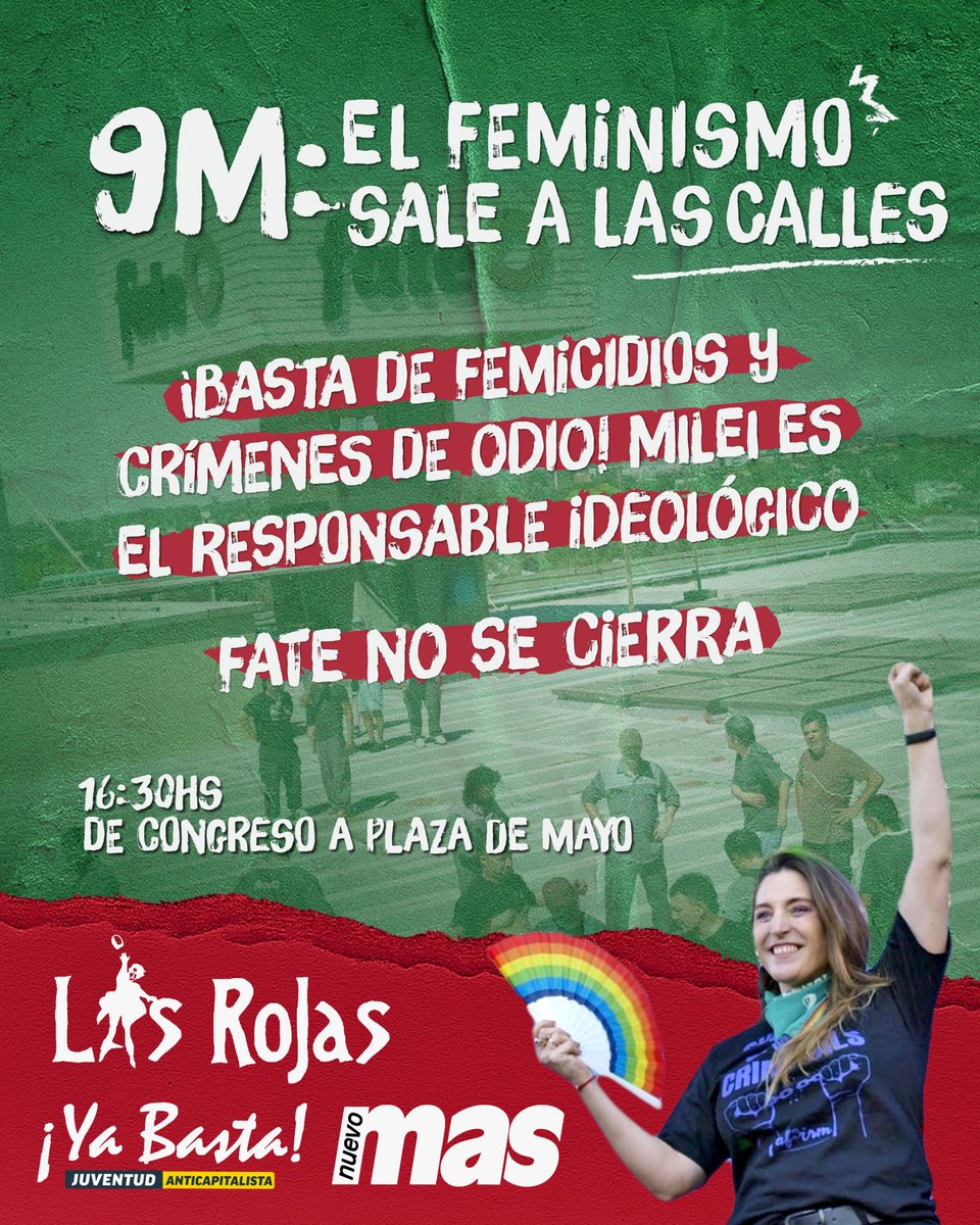 8M: QUE EL FEMINISMO SALGA A LAS CALLES 💚♥️
¡Basta de femicidios y crímenes de odio! El gobierno de Milei es el responsable ideológico.
Para frenar a Milei y por el triunfo de los trabajadores de FATE.