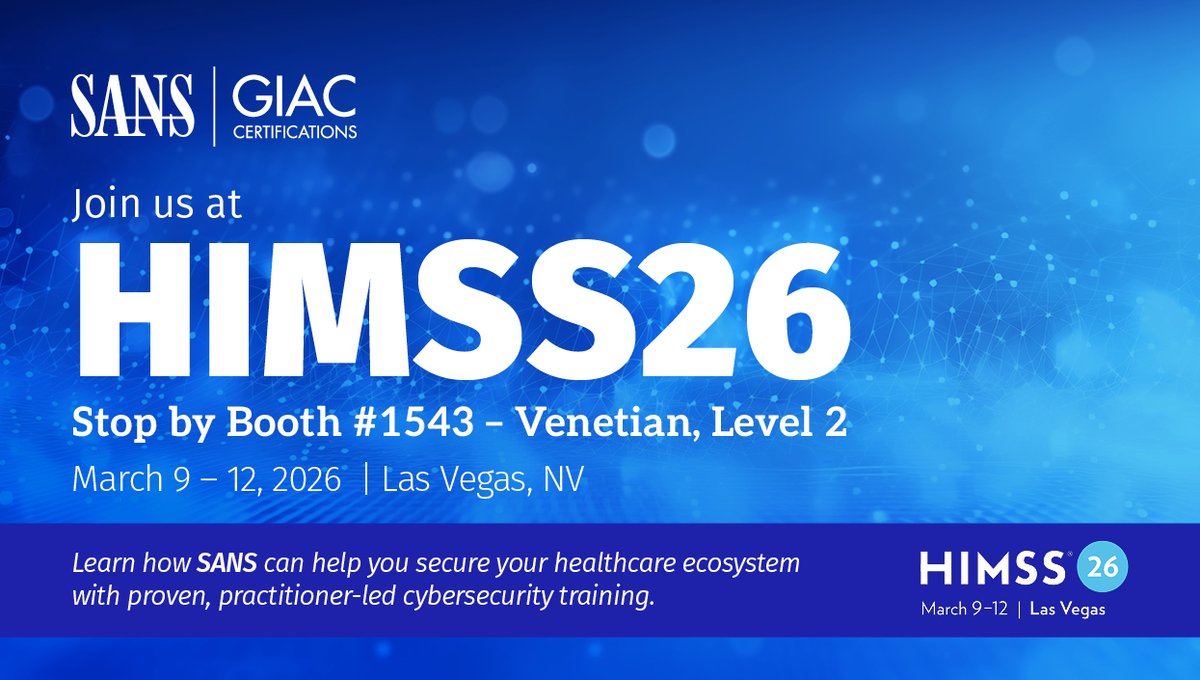 SANSInstitute's tweet photo. Hospitals aren’t just healing patients—they’re defending networks. Join SANS at @HIMSS:
•Sessions from Tim Conway and Chris Cochran
•#SANSECE (Mar 10 & 11)
• Healthcare #SANSNetWars (Mar 10 & 11)
📍 Booth #1543
🔗 https://t.co/XyiiyzmQ73
🔗 https://t.co/CdNAuZwe7L https://t.co/tLRwWFQY0V