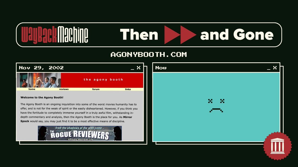 📽️📺 Named for a classic Star Trek torture device, The Agony Booth was a cult site for brutally honest movie &amp; TV reviews.

Running from the early 2000s until 2022, it chronicled pop culture pain for a generation.

Revisit web history with the @WaybackMachine ⤵️