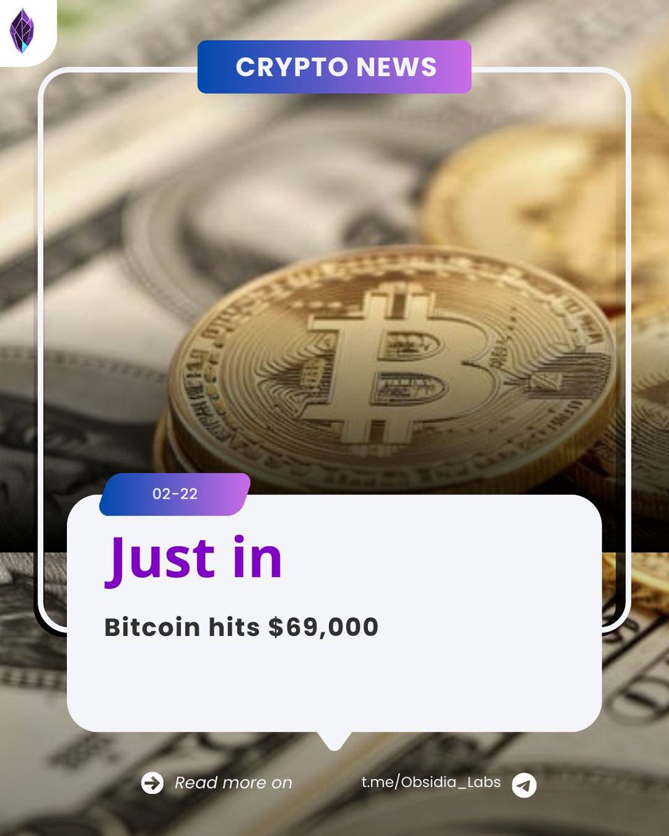 Obsidia_labs's tweet photo. BREAKING: Bitcoin hits $69,000 📈 https://t.co/8cllygd7BN
