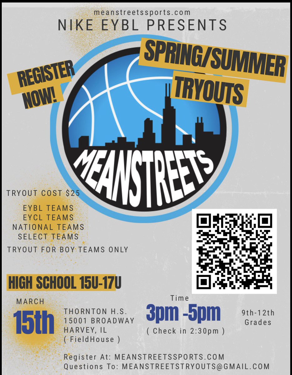 MeanstreetsEYB's tweet photo. “Time to give the people what they want.”

Meanstreets Jr. EYBL / EYBL Champions / National Teams 🏀 Tryouts 15U -17U Tryouts

📍 : Thornton Township H.S. Harvey, IL
🗓️: 03/15/26
💵: $25
⏰: Tryouts 3:00 PM - 5:00 PM

Register @ https://t.co/pV8AA3fOk1

Ⓜ️💨
#RespectTheStreets https://t.co/6MEkakHhzo