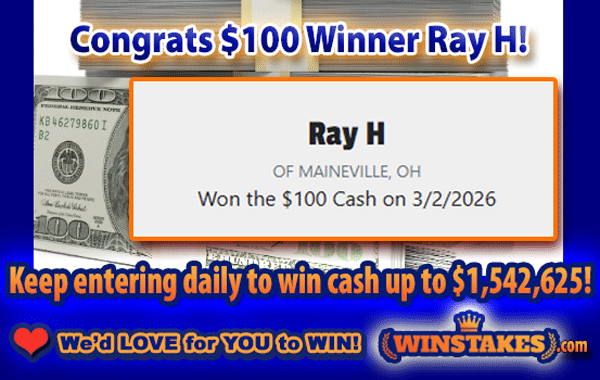 🏆Congrats to $100 Cash #Winner Ray H. of Maineville, Ohio!💸

✔️Keep entering daily: ow.ly/aR3k50Yo4iW
😍Win up to $1,542,625 Cash 100% FREE!!!
❤️We'd LOVE for YOU to Win!🥰