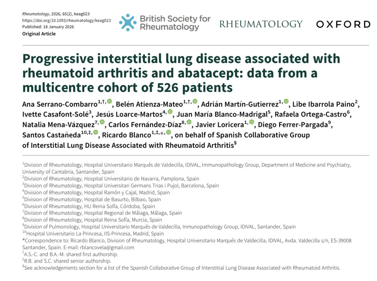 🚨 Estudio nacional multicéntrico con más de 500 pac con AR tratados con abatacept que aporta datos muy relevantes sobre la evolución de la enf pulmonar intersticial (ILD)🫁

A pesar de los buenos datos de ABA en AR-ILD, alrededor de un cuarto presenta progresión 🫣 (hilo)