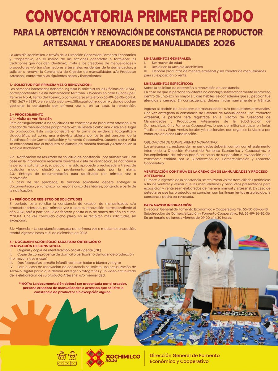 🧵 ¿Eres artesana o creador de manualidades?

Con la Convocatoria 2026 para la obtención y renovación de la Constancia de Productor Artesanal y Creadores de Manualidades, fortalece tu trabajo y forma parte del padrón oficial. 🤲

Consulta los requisitos.👇
#TierraDeGuardianes 🌿