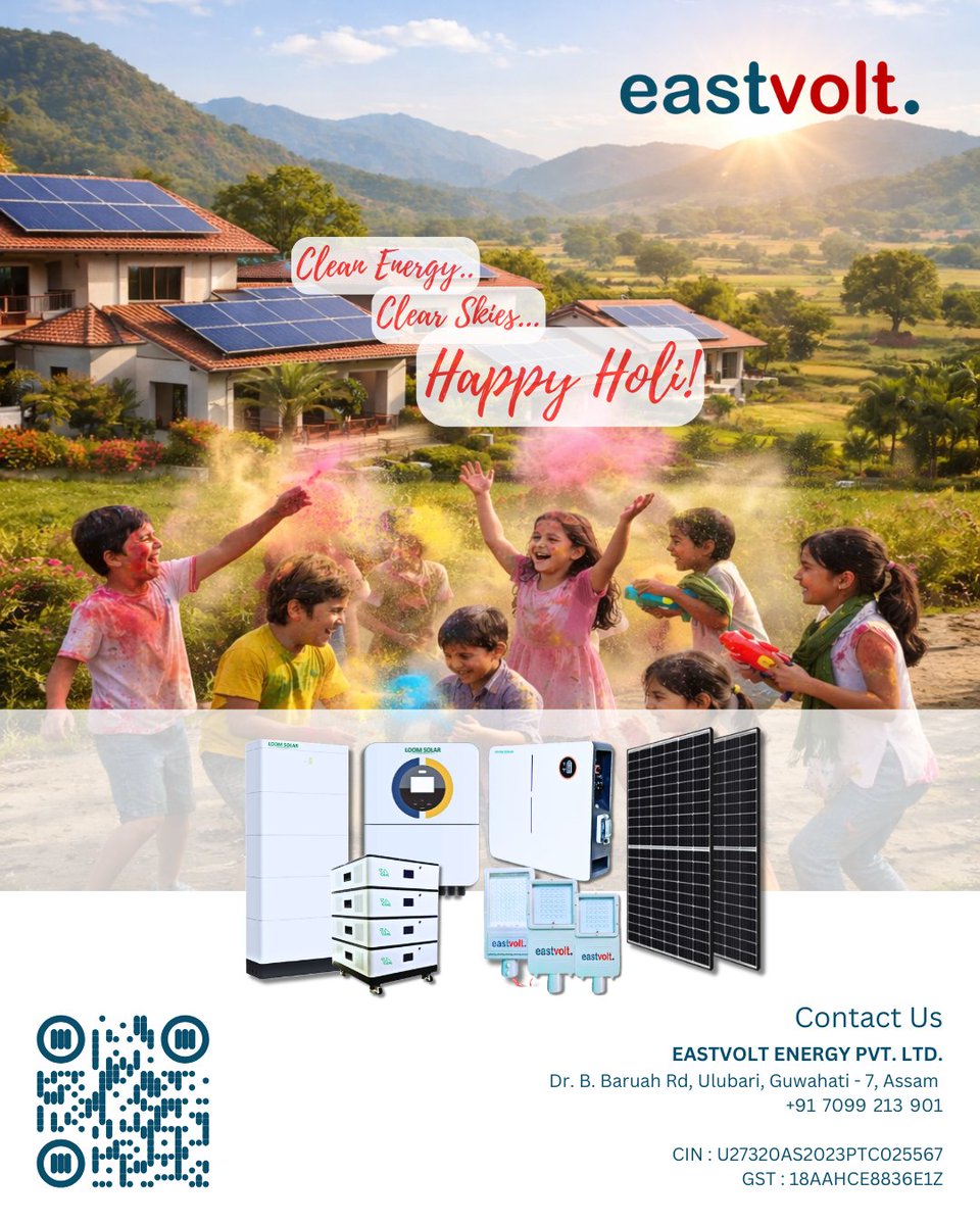 eastvoltenergy's tweet image. Clean Energy. Clear Skies. Bright Celebrations. 🌈☀️
This Holi, let’s power homes with sunshine &amp;amp; paint the future green! 🌱

Wishing you a vibrant &amp;amp; energy-filled Holi! 

— Eastvolt Energy Pvt. Ltd.
🌐 eastvolt.in

#Eastvolt #SolarDistributor #CleanSmartSustainable
