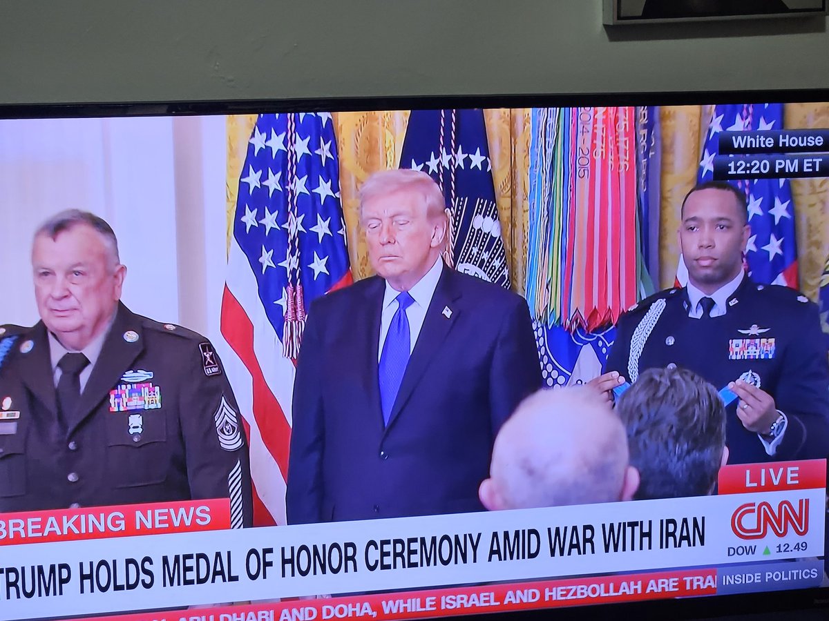 eddyman1's tweet photo. His timing is screwed up! How dare he award medals in the mist of a war he started, and for what?  Where's "The act of war by Iran"? .. he's actually standing there 😴 sleeping! WE, THE PEOPLE" are about to cry 😢 large tears".🇺🇲 https://t.co/zbwuIn845G
