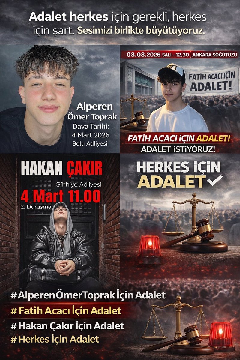 <a href="/krizantem82/">Krizantem</a> Adalet herkes için gerekli, herkes için şart.
Bu akşam sesimizi birlikte yükseltiyoruz.
"SON DAKİKA"
#AlperenÖmerToprakİçinAdalet
#FatihAcacıİçinAdalet
#HakanÇakırİçinAdalet
#HerkesİçinAdalet