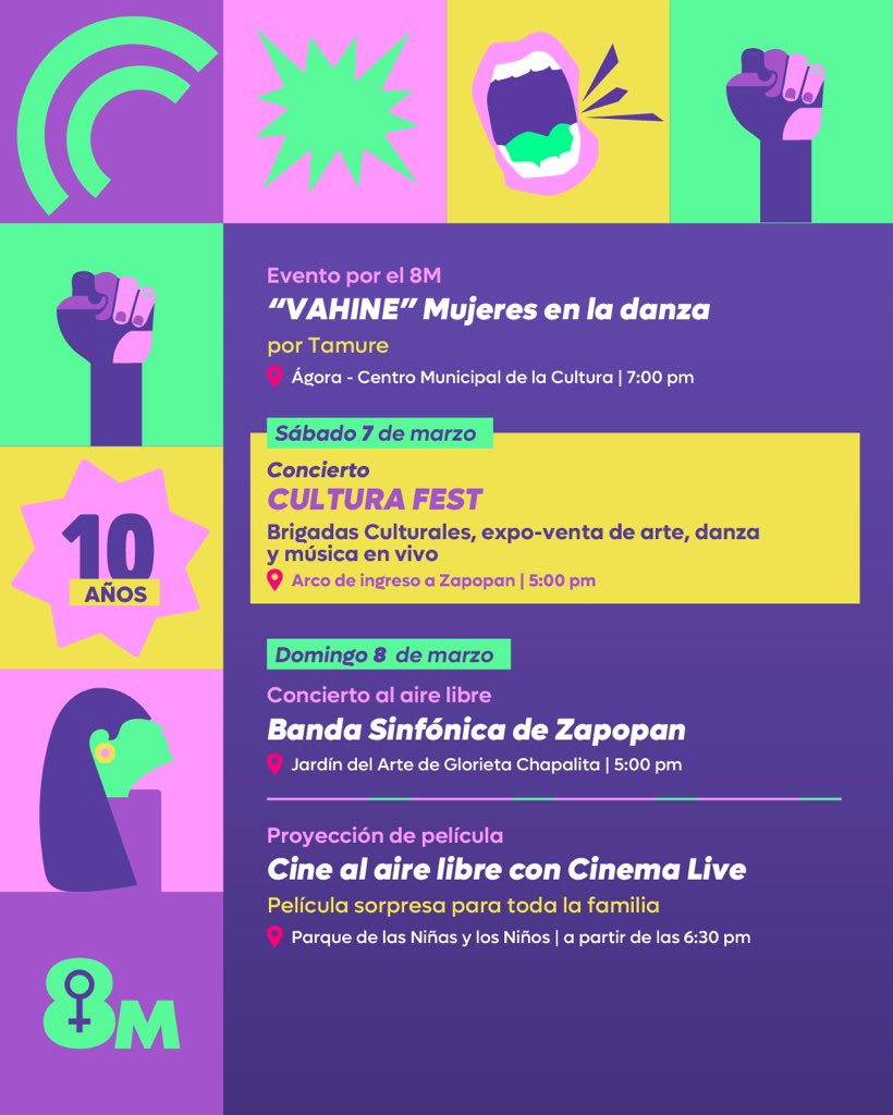 Esta semana Zapopan se llena de actividades para reflexionar, crear y compartir en el marco del 8M. 🟣

Habrá espacios de expresión artística, presentaciones de danza, talleres y distintas propuestas culturales pensadas para toda la comunidad. Consulta la programación completa y