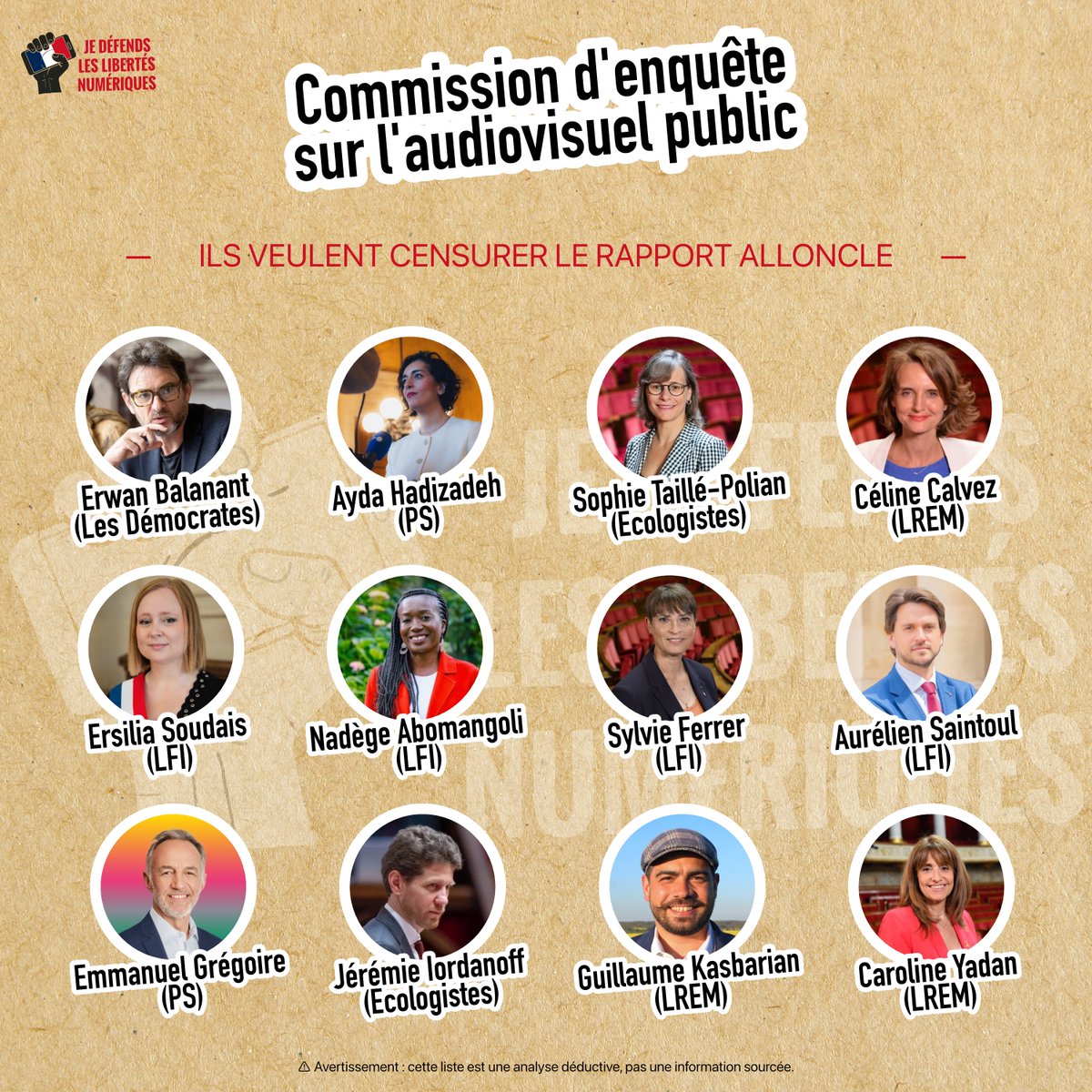 Une note confidentielle de syndicalistes de France Télévisions affirme que 12 députés souhaitent censurer le rapport — sans les nommer. 

Voici ce que l'on peut déduire avec une forte probabilité, en croisant les groupes politiques, les prises de position publiques et les actes