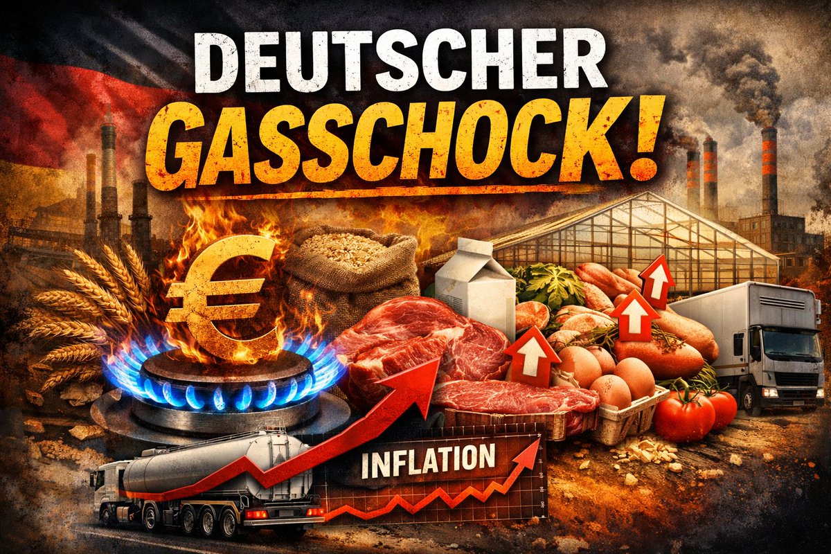 🚨 Was bedeutet +50 % Gaspreis für Deutschland – und unsere Lebensmittel?

Ein kurzer Deep Dive 🧵

1️⃣ Gas ist nicht nur Heizung.
Es ist Grundstoff für Düngemittel, Energie für Bäckereien, Molkereien, Schlachthöfe &amp; Kühlketten.

2️⃣ Düngemittel werden aus Erdgas hergestellt (z. B.