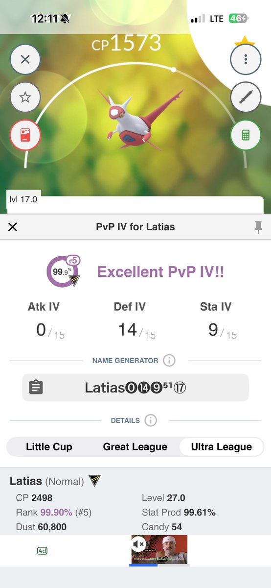 Unique catch from snap shot.  Rank 5 ultra league Latias.